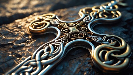 Seamless 4k texture of black suede leather with intricate Celtic or Viking-style steel border mesh