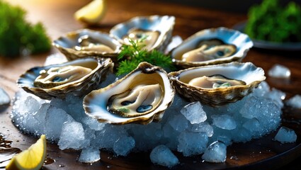 Fototapeta premium Luxurious seafood platter featuring fresh raw oysters and lemon