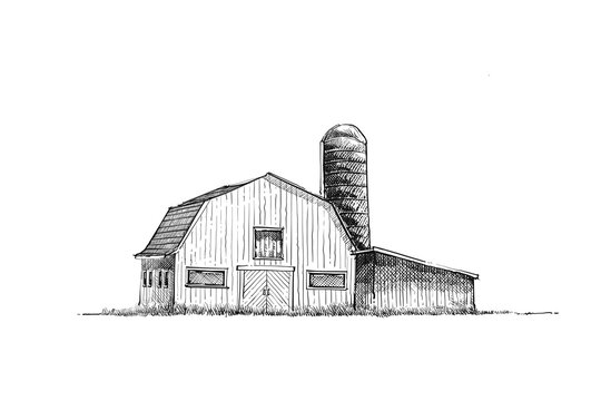 Barn on lawn hand drawn 