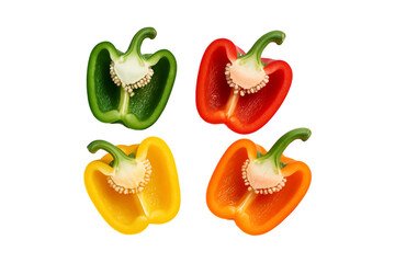 Colorful bell pepper halves isolated fresh green, red, yellow, and orange capsicum slices with seeds. Ideal for food packaging, healthy diet concepts, clipping path, transparent, cut in half,