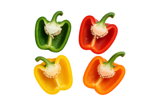 Colorful bell pepper halves isolated fresh green, red, yellow, and orange capsicum slices with seeds. Ideal for food packaging, healthy diet concepts, clipping path, transparent, cut in half,