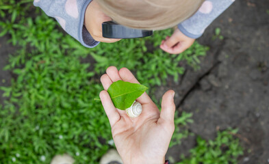 girl looking at snail through magnifying glass, researcher. Selective focus