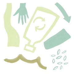 Abstract eco-friendly illustrations featuring a recycled plastic bottle, leaves, hand, and arrows. Environmental care. Soft pastel green and blue tones with a minimalistic style.