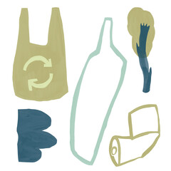 Minimalist eco illustrations with reusable bag, glass bottle, tree, and paper roll. Soft muted colors and organic shapes emphasizing sustainability and zero waste lifestyle.
