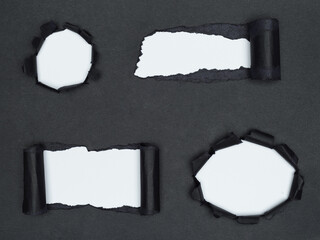 A dark background features four irregularly torn openings revealing white space underneath