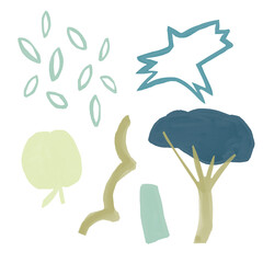 Abstract nature elements with trees, leaves, and organic shapes in soft green and blue hues. Minimalistic and artistic illustrations environmental and natural themes.