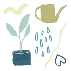 Illustrations of plant care and growth with watering can, potted plant, water drops, and leaves. Gentle colors and hand-drawn style conveying gardening, nurturing, and eco-awareness.