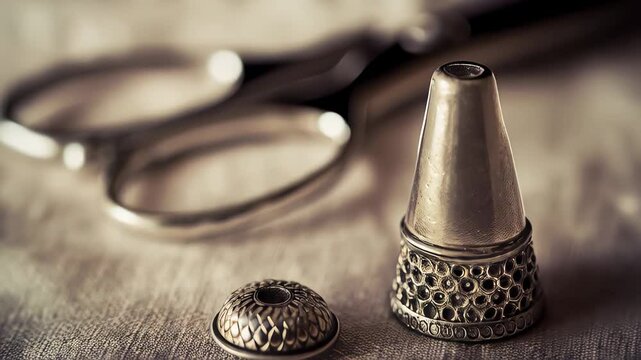Vintage metal sewing thimble resting beside classic scissors on soft linen fabric, highlighting traditional needlework craftsmanship and textile artisan details