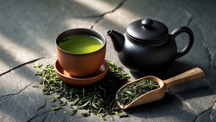 Close-up of sencha green tea leaves on a sakura tea spoon