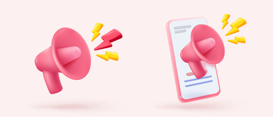 3d megaphone speaker or loudspeaker bullhorn for announce promotion in background, megaphone loud hailer with microphone, speakerphone. 3d icon vector render illustration for alert and announcement