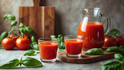 Delicious tomato juice served in glasses and a jug on a summer table