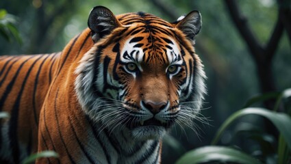 Fototapeta premium The ferocious panthera tigris corbetti stands in the wild, watching intently amidst the lush jungle of Thailand.