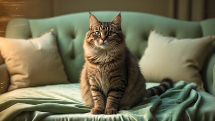 Cute one-eyed tabby cat relaxing on a cozy couch with a soft blanket, showcasing adorable feline charm and resilience.