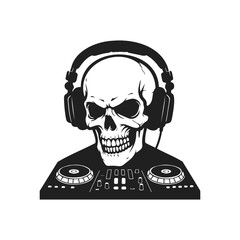 Skull DJ with Headphones Mixing Music on Turntables