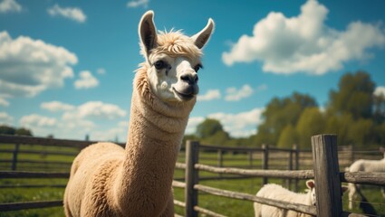 Obraz premium Alpacas and llamas grazing on a farm among lush grass