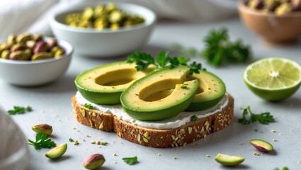 Nutritious avocado toast topped with pistachios