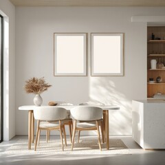 Modern dining area with two blank frames