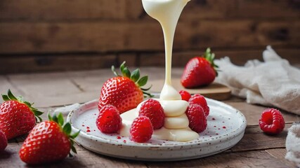 Fresh strawberries drizzled with sweet condensed milk or cream, creating a luscious dessert or snack. Ideal for sweet treats, fruit, and culinary themes.