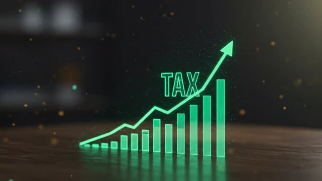 The video shows a glowing green graphic hologram that says taxes are increasing upwards, a blurred background and there are light particles.