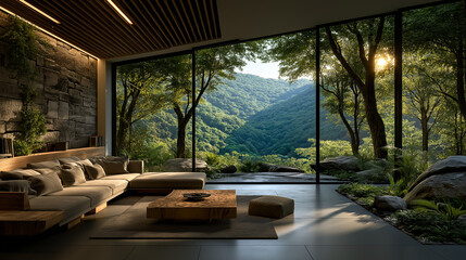 Interior Design: Modern living room with sofa and windows view the lush mountain landscape.