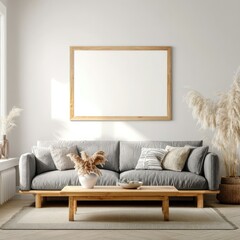 Modern minimalist living room with a large framed poster