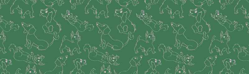 Seamless vector pattern: playful, hand-drawn pink line art dogs with a chalk-like scribbles on a deep green background, resembling chalk on a blackboard. Perfect for kids' textiles and decor.