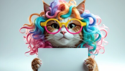 Cute pet cat in clown costume on festive poster