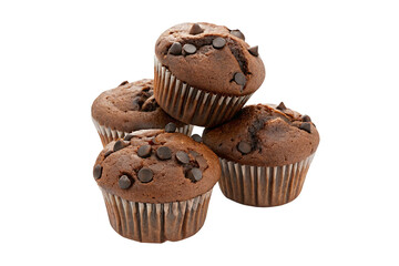 A stack of four chocolate chip muffins in white paper liners on a white surface in a studio setting