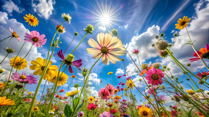 Flowers swaying in the breeze under a summer sky generative ai