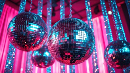 Obraz premium Reflective disco balls on a table with a blurred pink background