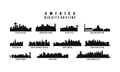 Silhouette illustrations of american city skylines.