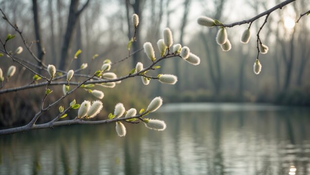 Willow branches with delicate white buds during early spring set against a blurred river and park background.