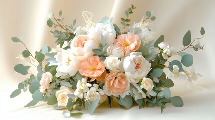 Obraz premium Flower arrangement featuring soft peach and white blooms against a neutral background for a tranquil setting
