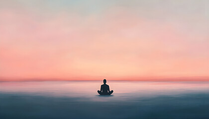 individual meditating at sunrise on a pristine beach, calm sea, pastel sky with first light of dawn, minimalist aesthetic