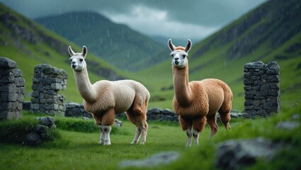 Fototapeta premium Alpacas and llamas overlooking the scenic mountains and Machu Picchu view
