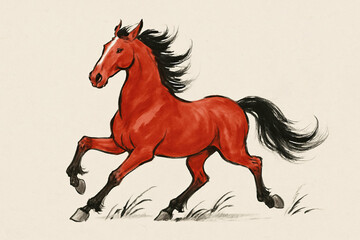Majestic red horse in motion with flowing black mane. horse Chinese zodiac sign. The year of the horse