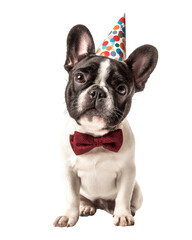 Fototapeta premium French Bulldog wearing colorful party hat and red bow tie, exuding playful and festive spirit. This adorable dog is perfect for celebrations and brings joy to any occasion