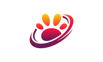 Colorful abstract paw print design in a dynamic orbit.