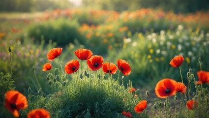 Obraz premium Field of blooming red poppies