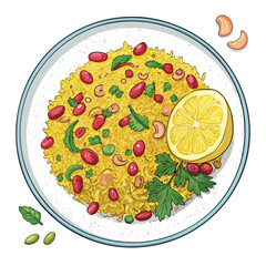 A vibrant, close-up shot of a plate of savory poha, garnished with roasted peanuts and a lemon wedge.  The poha is light and fluffy.