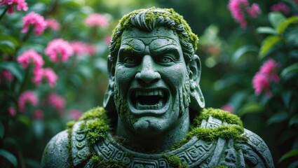 Fototapeta premium Tranquil Bali scene featuring a moss-covered Hindu demon sculpture from old temple heritage