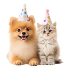 Obraz premium Cheerful Pomeranian and fluffy kitten both wearing colorful party hats, sitting side by side, radiating joy and playfulness. This adorable duo is perfect for celebrating special moments together