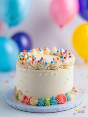 Festive Delight: A beautifully decorated cake stands as the centerpiece, encircled by colorful balloons, conjuring a sense of festivity and jubilation, promising joy and cherished memories.