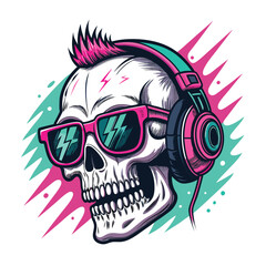 A stylized punk skull, adorned with glitching sunglasses and headphones, exuding rebellious energy.  High detail, vibrant colors.