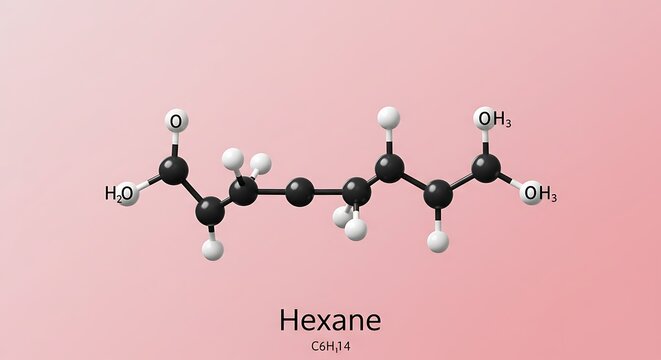 Hexane Molecule Structure with Water and Methyl Groups on Pink Background