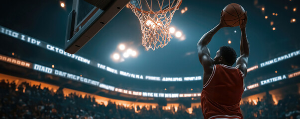 Basketball player jumps high to dunk the ball into the hoop during an intense game.