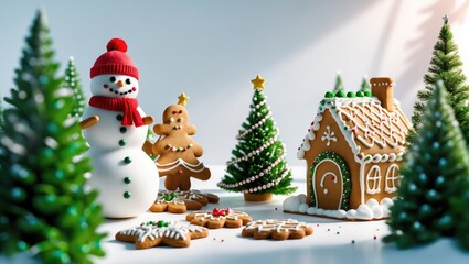 Holiday Season Cookies featuring Gingerbread Man, Christmas Tree, House, Snow, and Snowman, Decorated Simply with Royal Icing