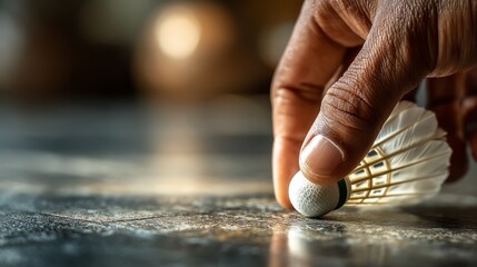 Close-Up of a Hand Placing a Shuttlecock on a Table with a Warm Background in Dim Light Perfect for Badminton Sports Photography