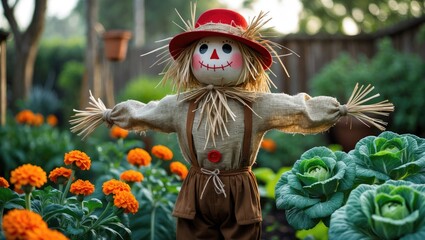 Fototapeta premium Creepy Stuffed Scarecrow in a Garden During Summer Sunshine