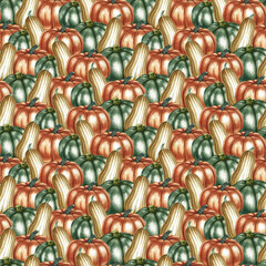 Fototapeta premium Seamless pattern with green, yellow, orange and green pumpkins. Handmade watercolor illustration. Color image. For packaging, decor, textiles, printing, wrapping paper, wallpaper and more.